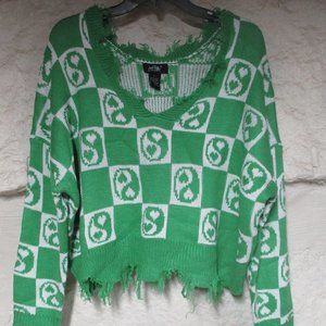 Just Polly Green and White Distressed Yin Yang Cropped Sweater Sz. L